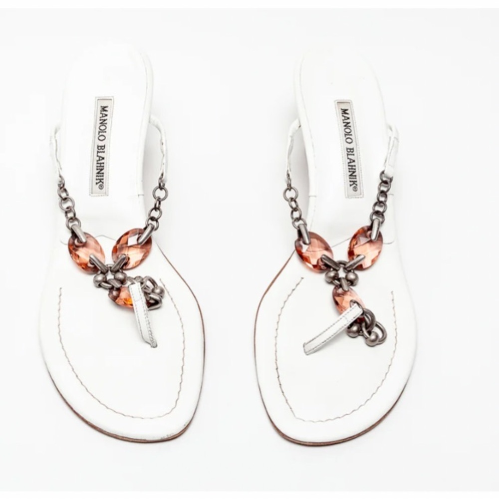 Manolo Blahnik White Thong Metal Jeweled Low Heel Sandals